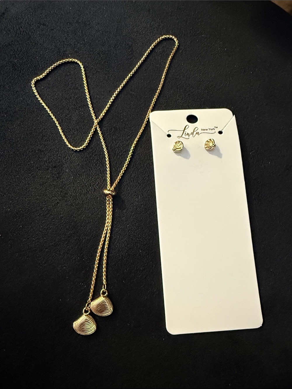Gold-tone Shell Lariat Necklace & Stud Earrings Set